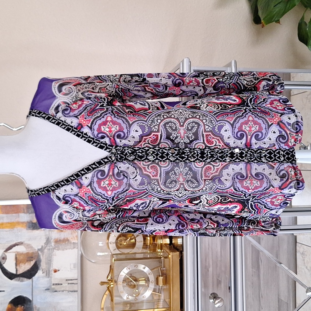 INC Sheer Lace Up Purple Paisley V Neck Top Large